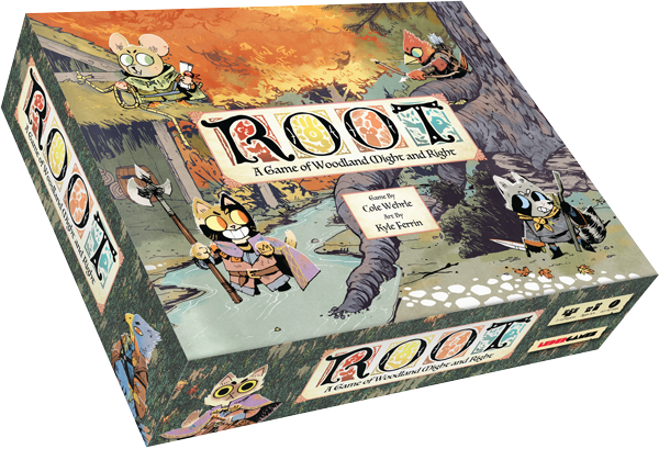 The box for the Root base game, featuring cute little animals killing each other to the roar of burning down forest. Metal.